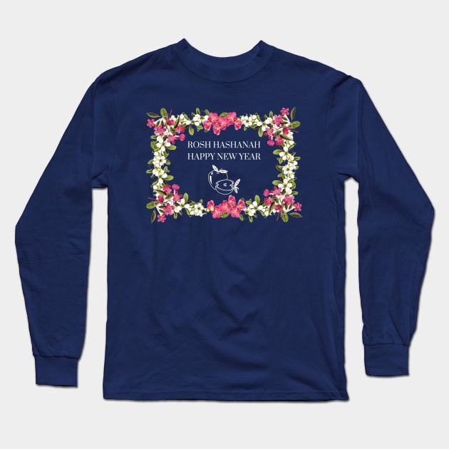 Happy Rosh Hashanah New Year Gift Apple Flowers Long Sleeve T-Shirt by NivousArts